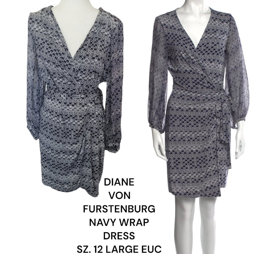 Diane Von Furstenberg Navy Print Beautiful Wrap dress size 12 Large EUC